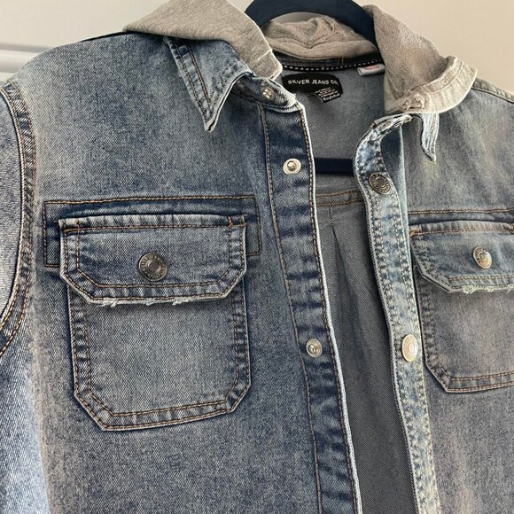 Boys XL Silver Jeans Co Removable hooded buton up Denim Jacket - Picture 3 of 8